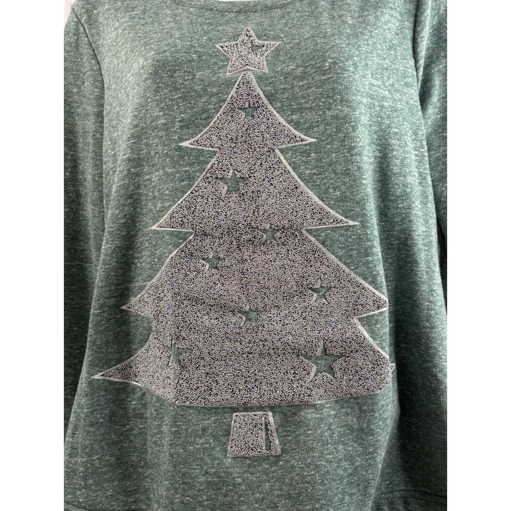 Women's Christmas Tree Long Sleeve Tshirt Green Silver Small Holiday Top - Picture 6 of 13